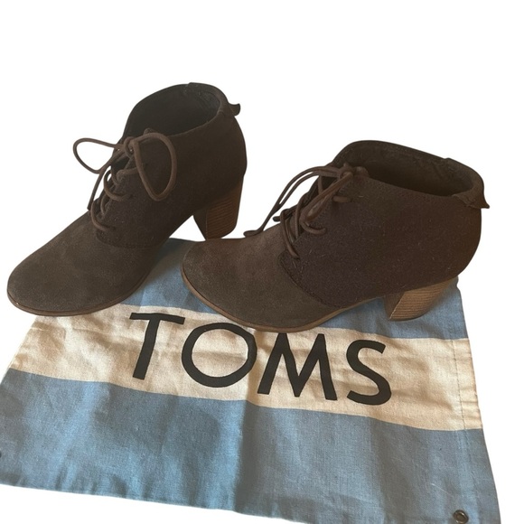 Toms Brown Chocolate Suede Wool Lunata Lace Up Heeled Ankle Booties Size 6.5 - Picture 2 of 16